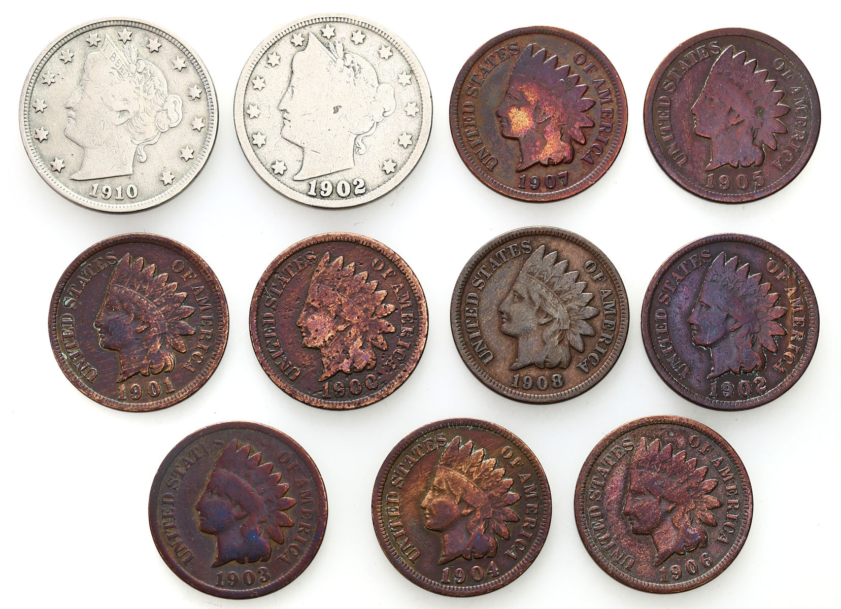 USA. 1 - 5 Centów 1900 - 1910, zestaw 11 sztuk